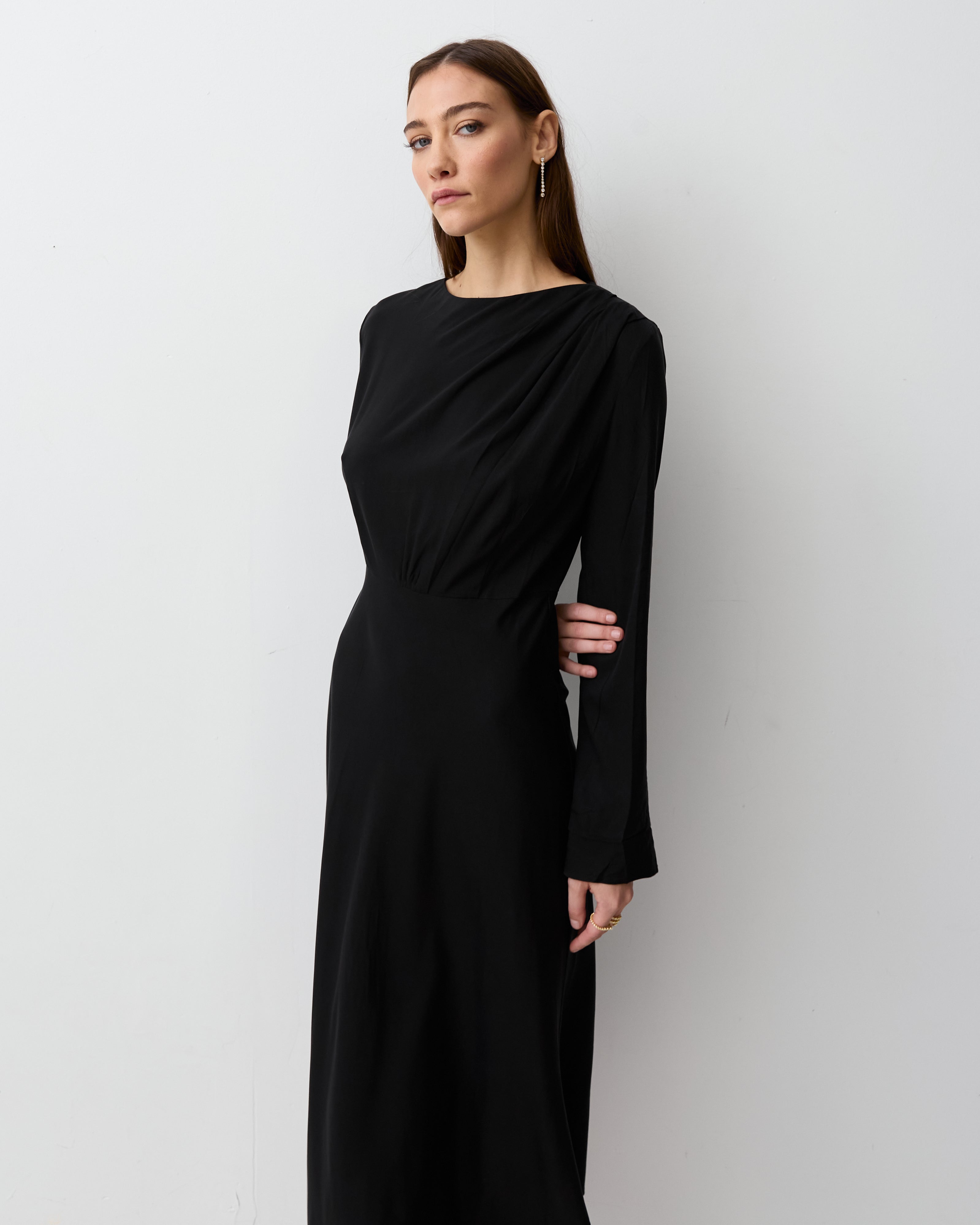 THE LONG SLEEVE DRAPED DRESS- BLACK THE CURATED THE LONG SLEEVE DRAPED DRESS- BLACK THE CURATED